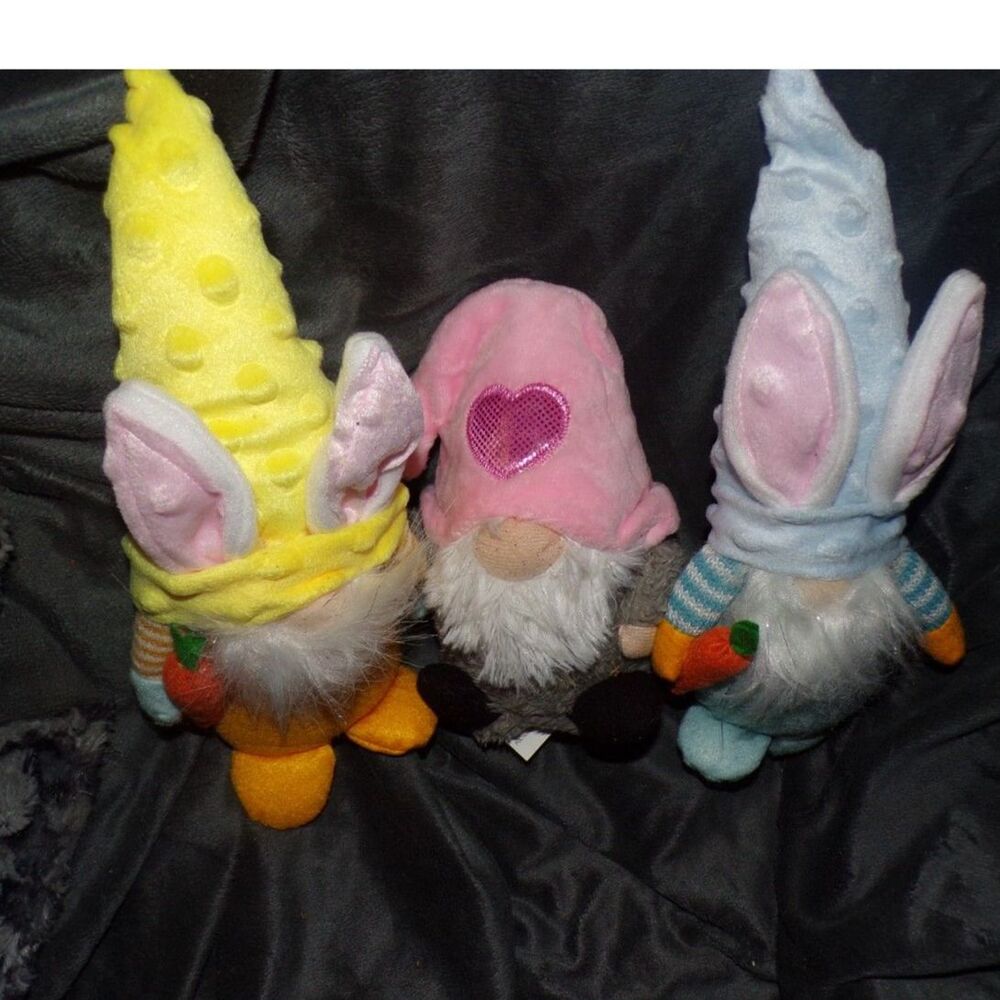 lot of 3 Easter Gnomes plush 2 with carrots and bunny ears